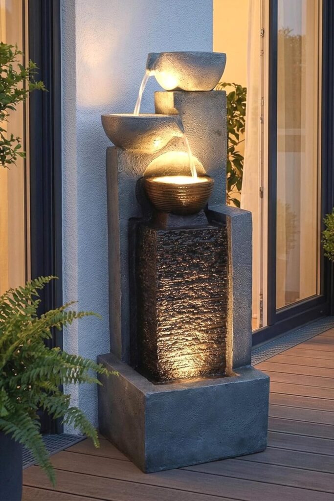 Test de la fontaine de jardin avec éclairage led : cascade élégante