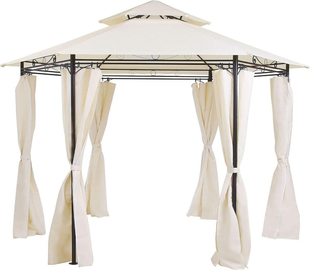 Test : tonnelle Beliani hexagonale beige avec rideaux pratiques