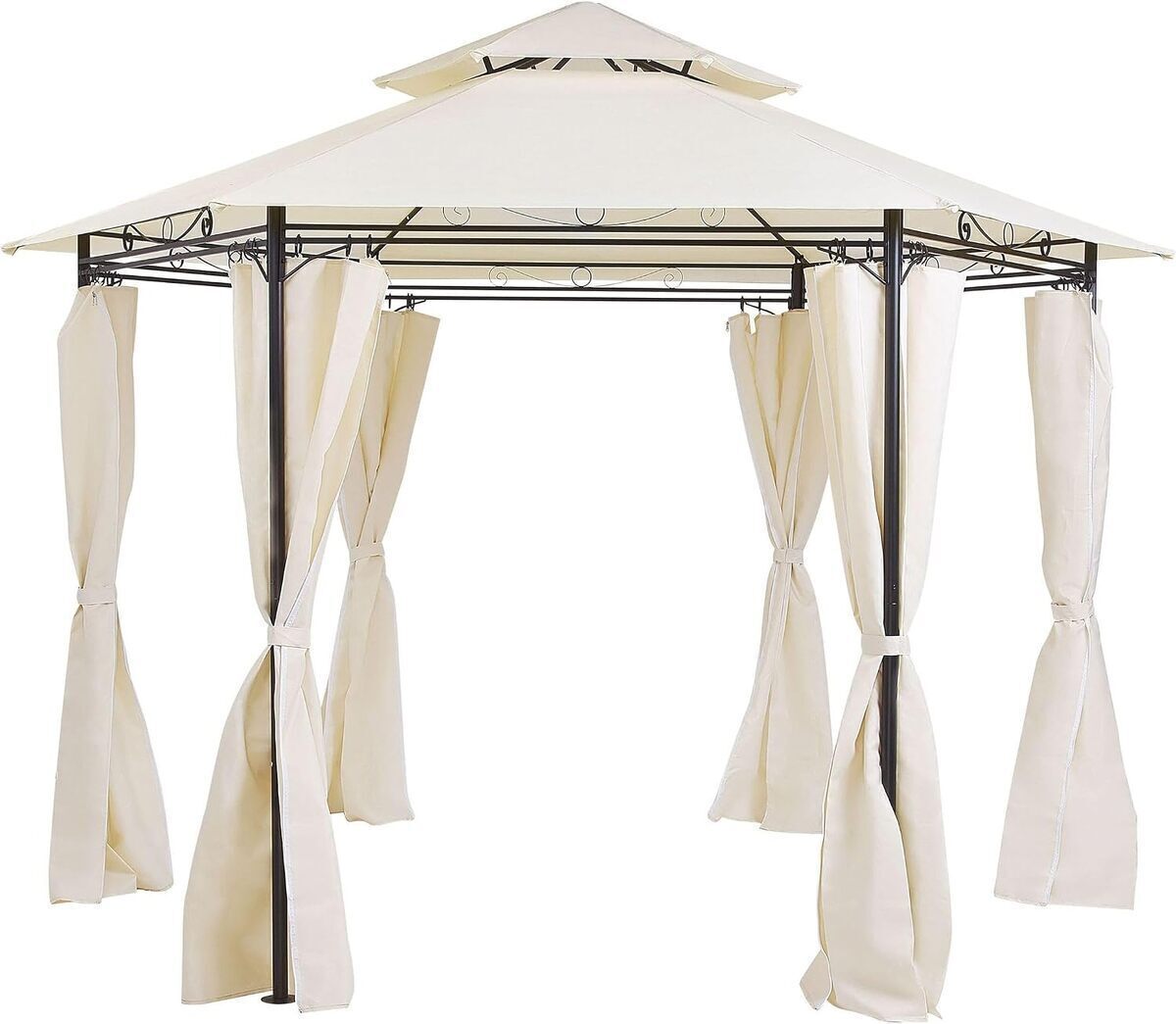 Test : tonnelle Beliani hexagonale beige avec rideaux pratiques
